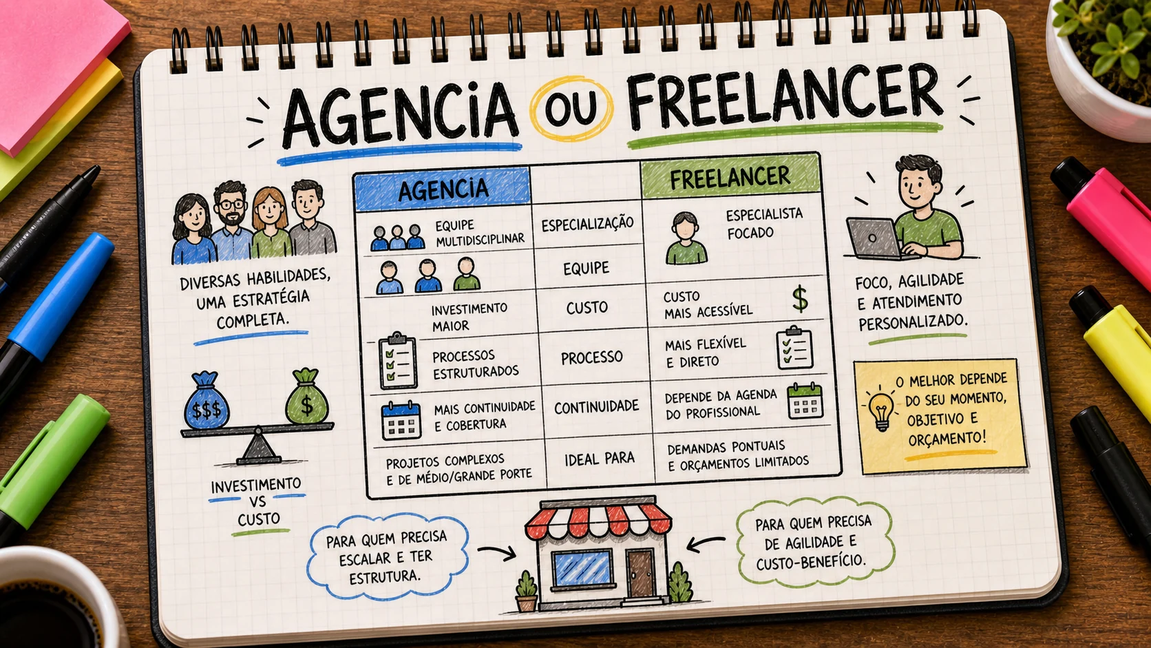 Agência ou freelancer comparados por custo, processo e fase do negócio