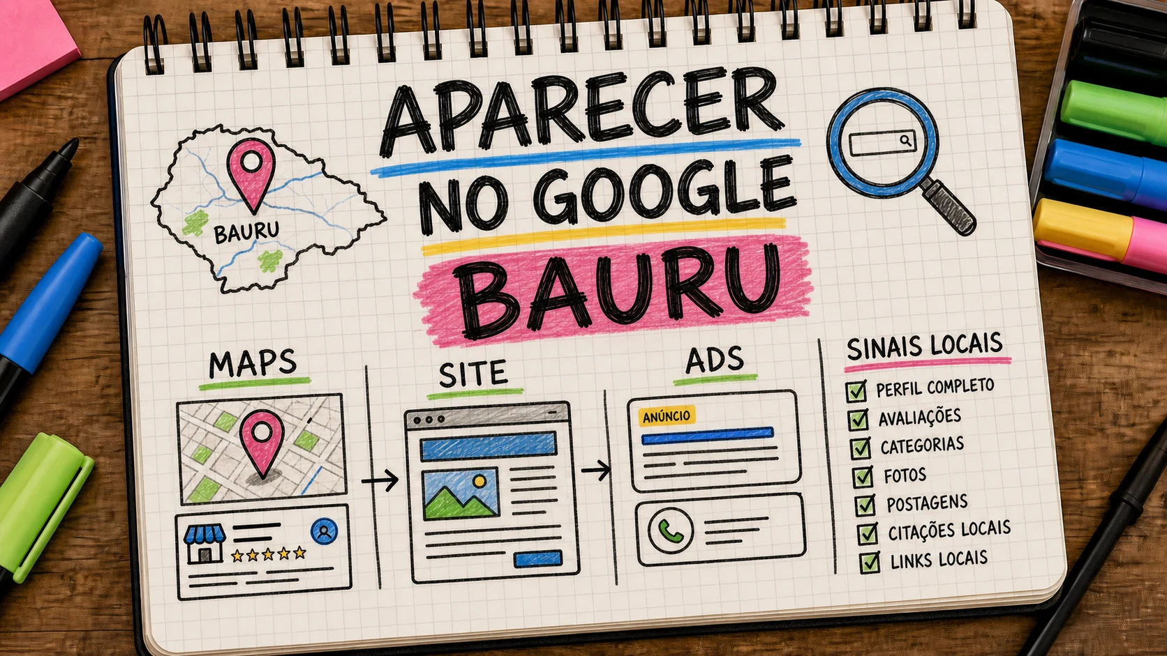 Aparecer no Google em Bauru com SEO local, Maps, site e anúncios organizados