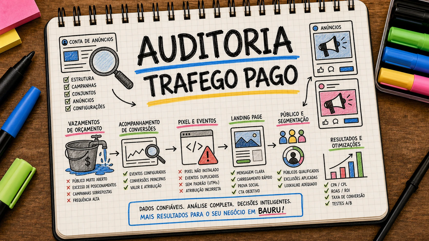 Auditoria de tráfego pago em Bauru revisando campanhas, pixels e desperdícios de verba