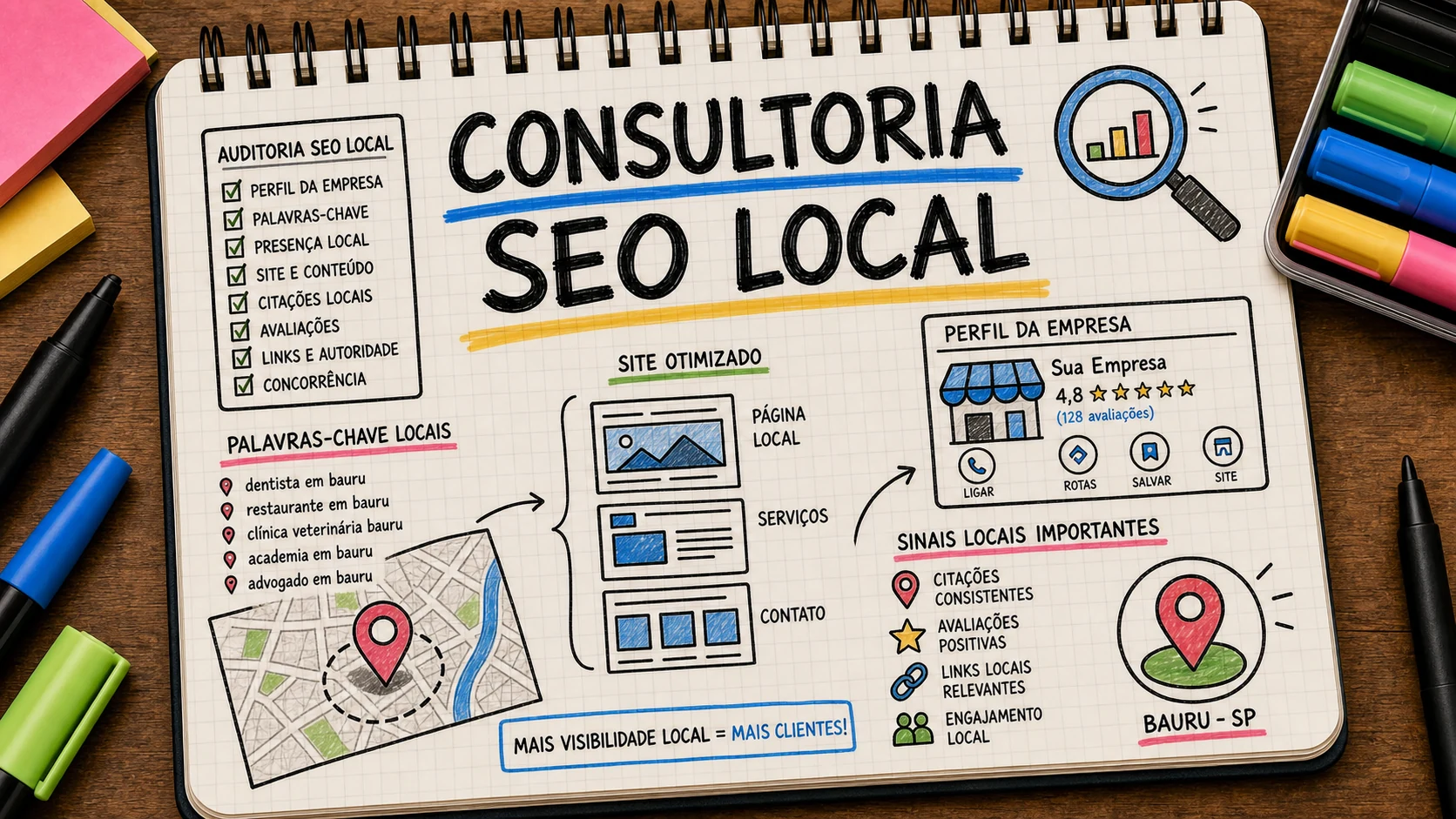 Consultoria de SEO local em Bauru auditando site, palavras-chave e Perfil da Empresa