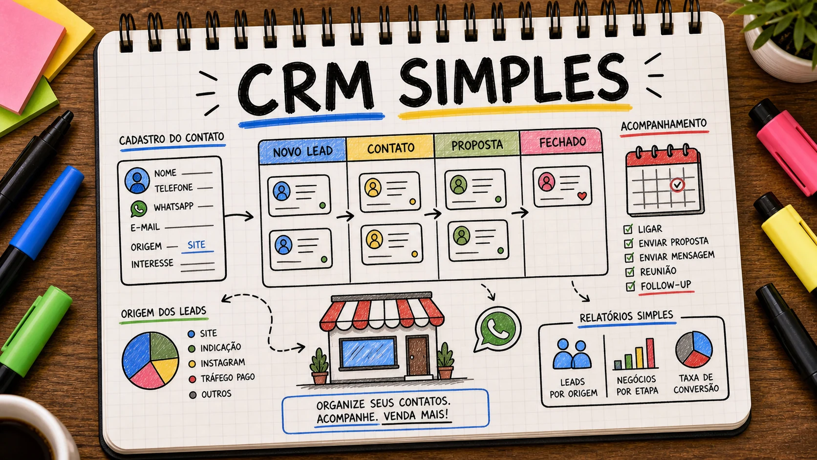 CRM para pequenos negócios organizando leads, status, origem e follow-up