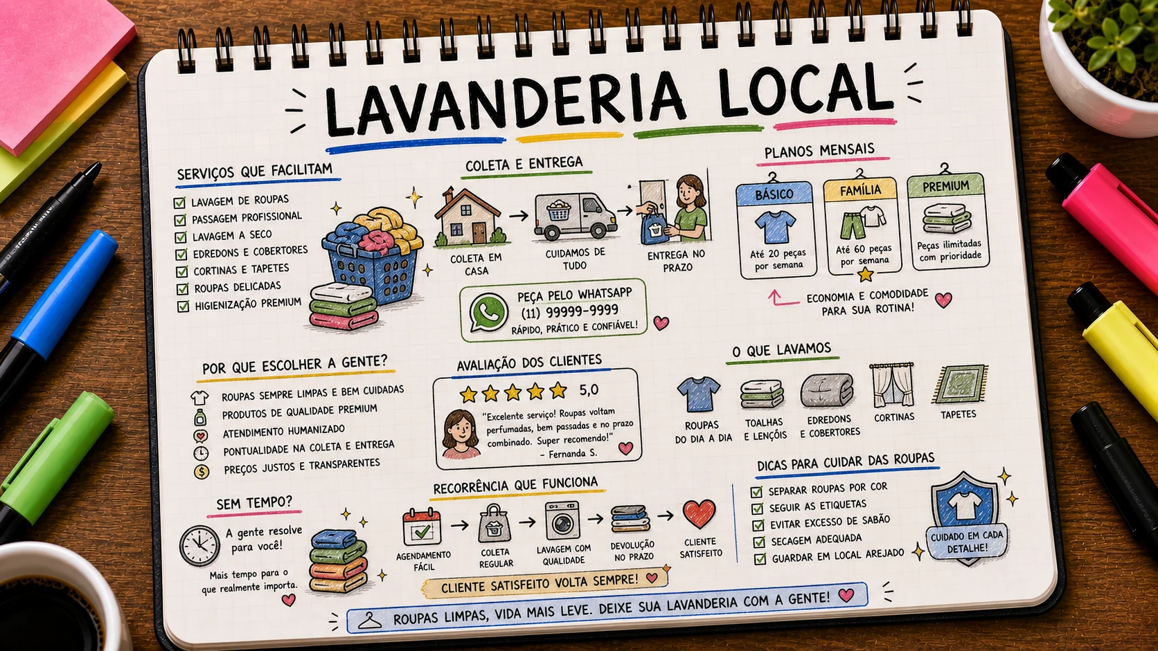 Divulgar lavanderia local com retirada, entrega e planos mensais