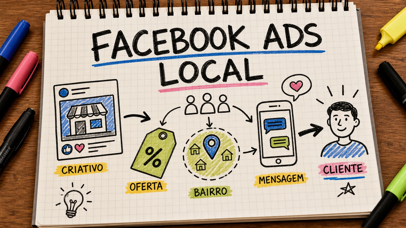 Facebook Ads para negócios locais com criativos, oferta e WhatsApp