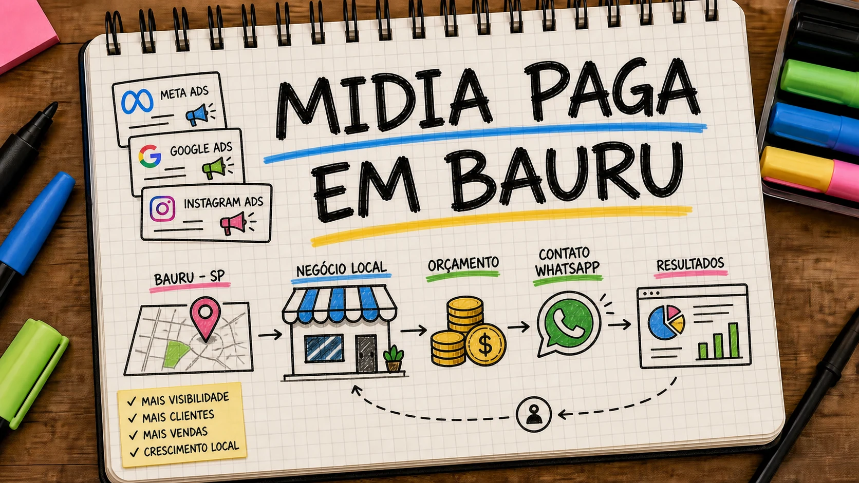 Gestor de mídia paga em Bauru revisando canais, criativos e métricas locais