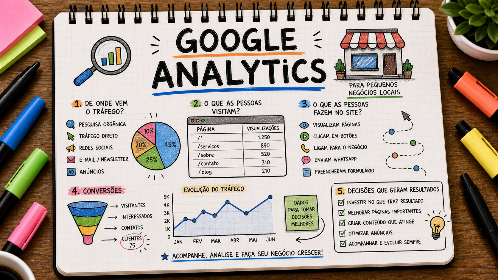 Google Analytics para pequenos negócios analisando visitas, páginas e conversões