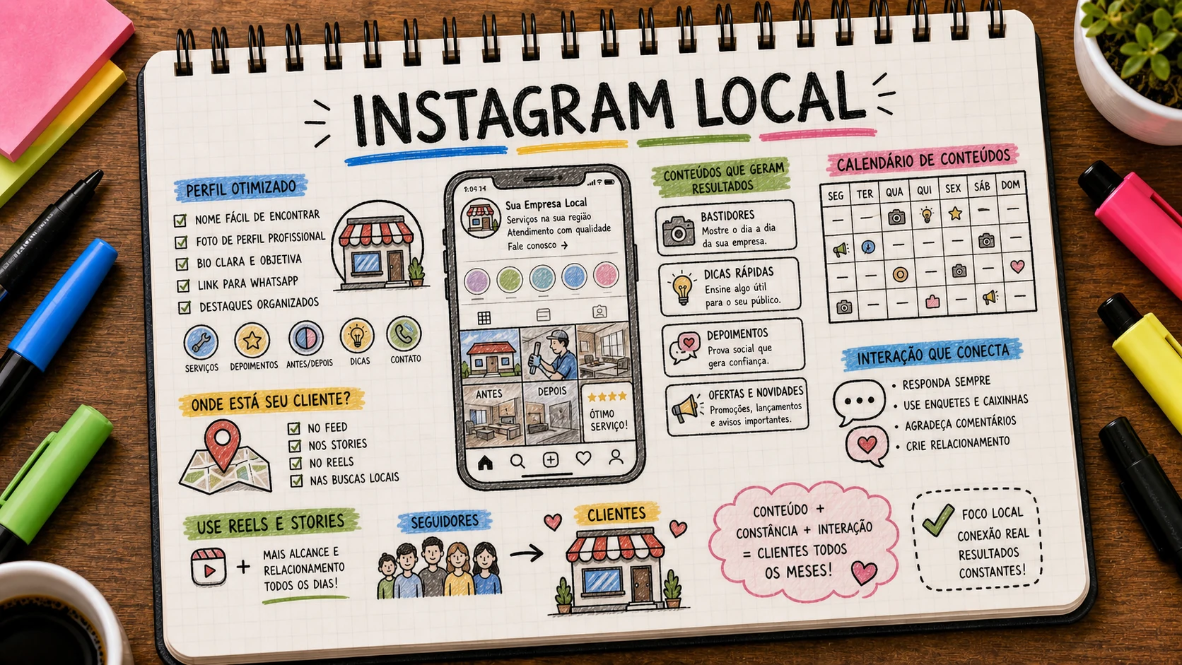 Instagram para negócios locais com conteúdo, prova social e caminho para contato