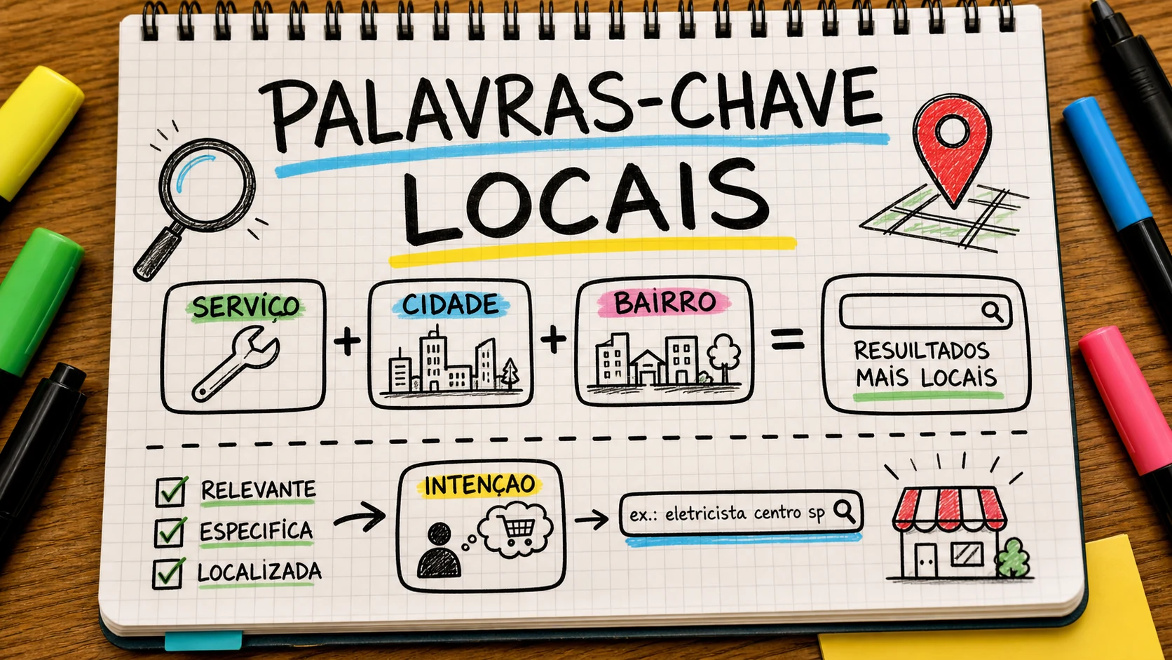 Palavras-chave locais conectando serviço, cidade e intenção de busca