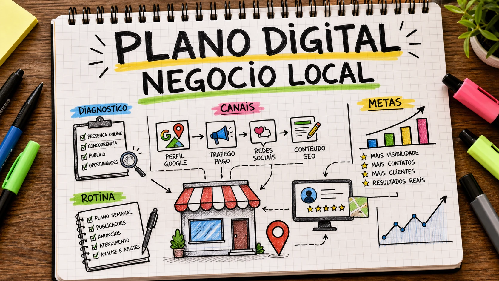 Plano de marketing digital para negócio local com canais, metas e rotina