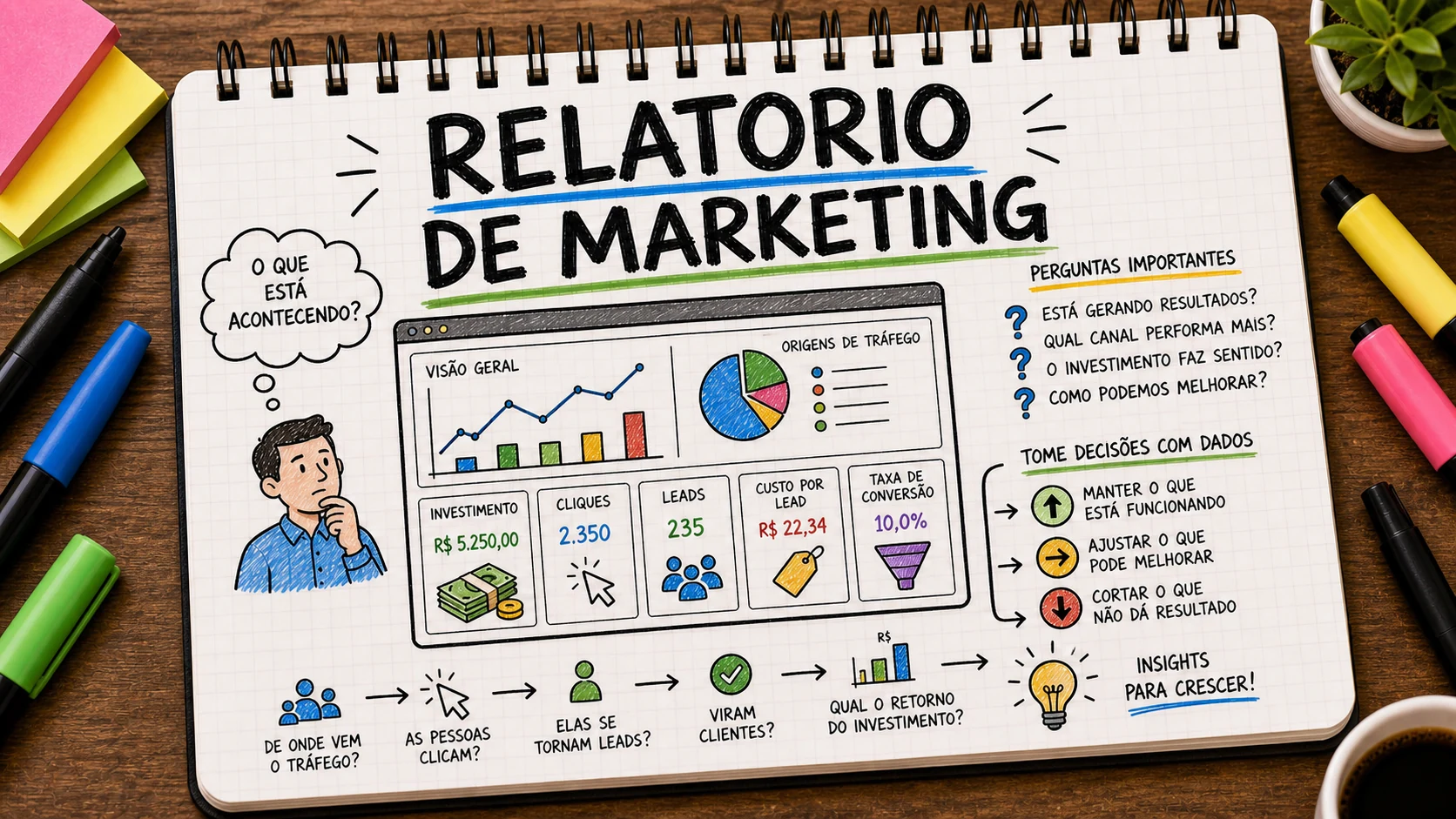 Relatório de marketing digital com investimento, leads, custo e conversão