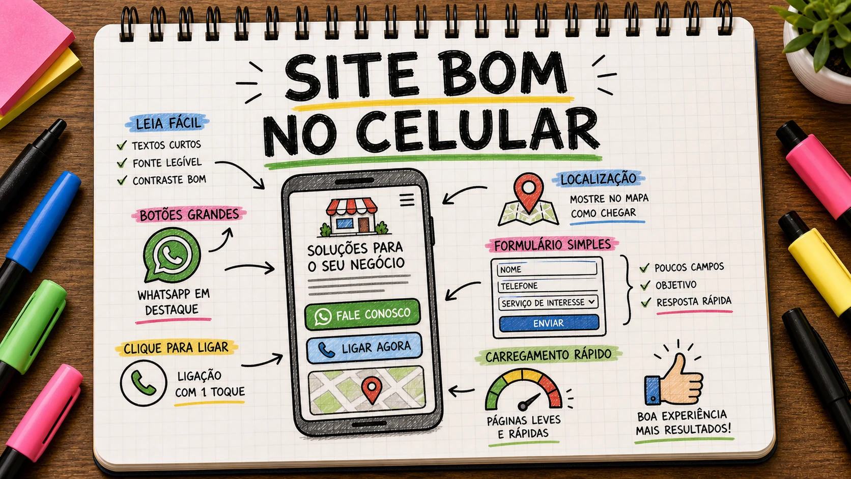 Site bom no celular com WhatsApp, mapa, formulário simples e leitura fácil