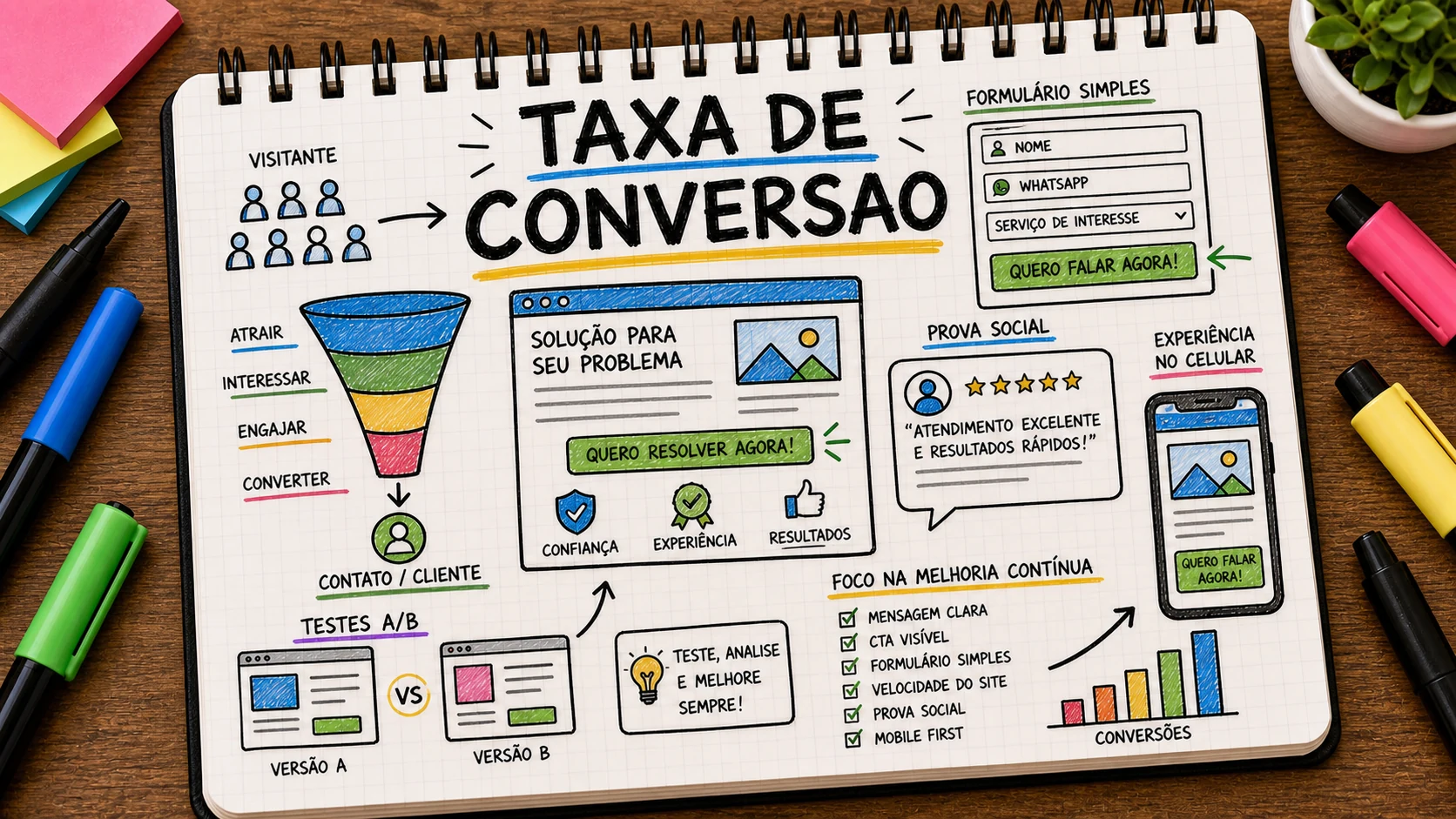 Taxa de conversão do site com botões, formulário, prova social e mobile