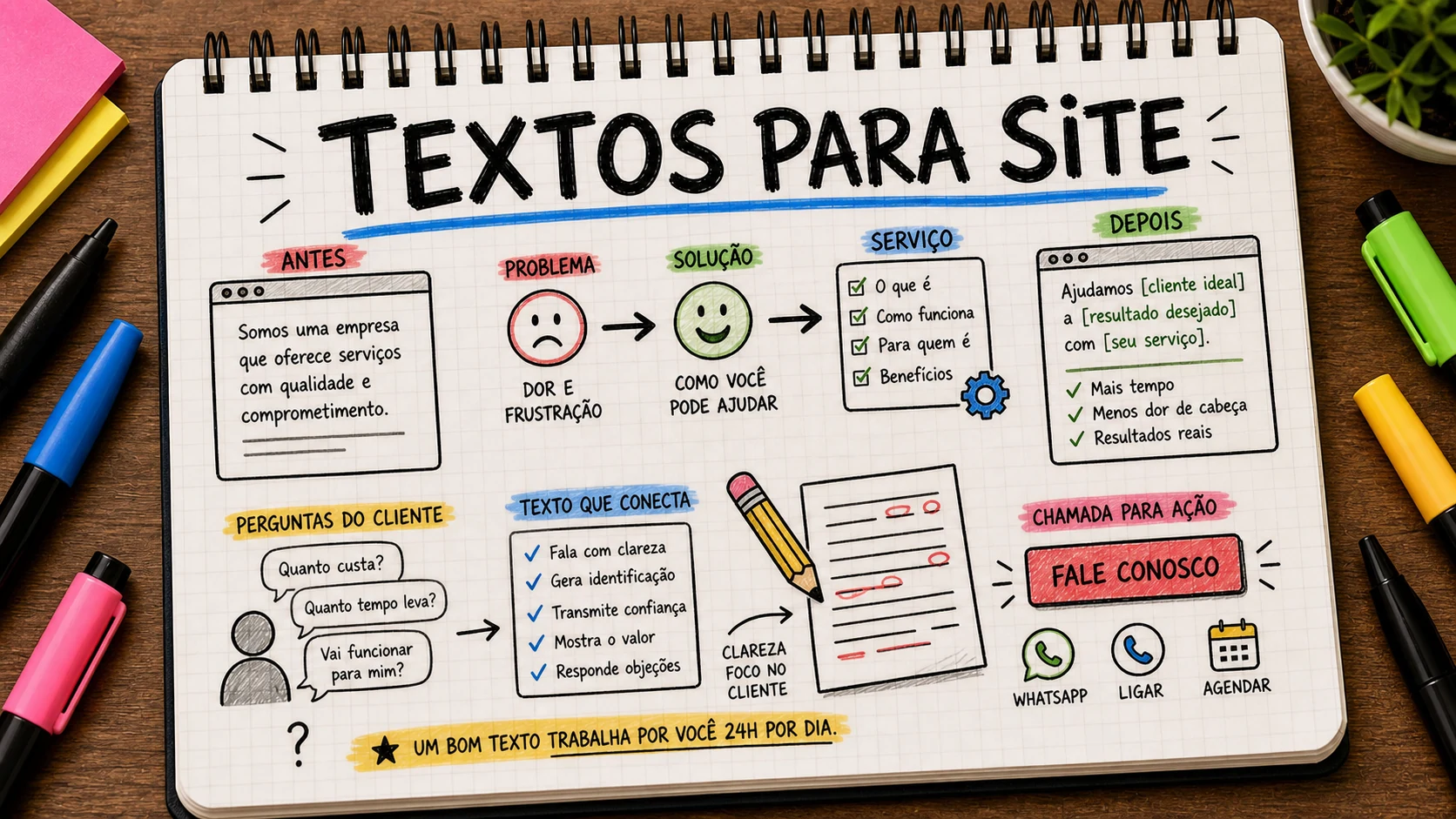 Textos para site organizados para explicar serviços e conduzir contato